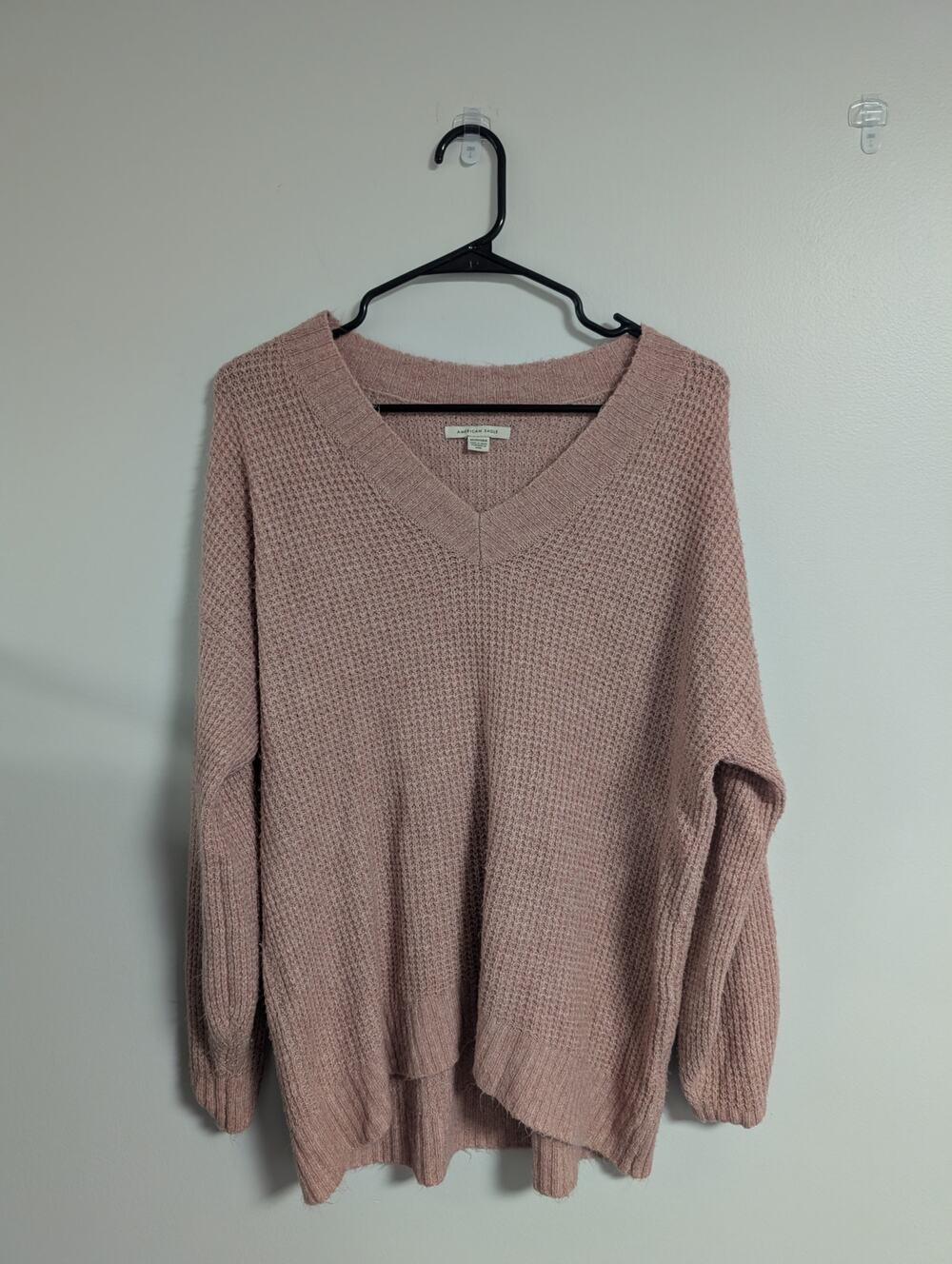 American Eagle Waffle Knit V-Neck Sweater Dusty Pink Slouchy Tunic Oversized XS